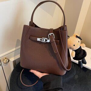 brown Bucket Turn Lock Top Handle Crossbody